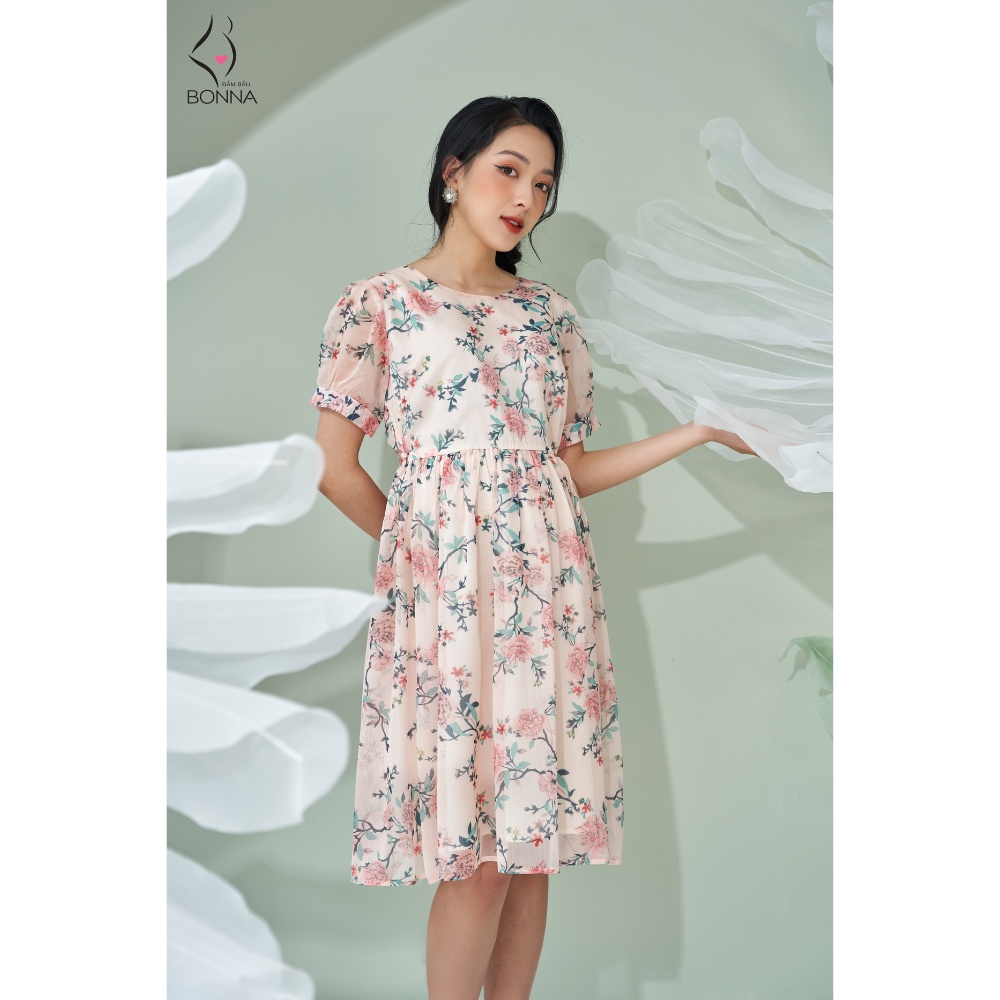 Đầm bầu hoa nhí BONNA dáng babydoll chất voan mỏng mịn, có lớp lót lụa bên trong, thoáng mát, nhẹ nhàng VS028