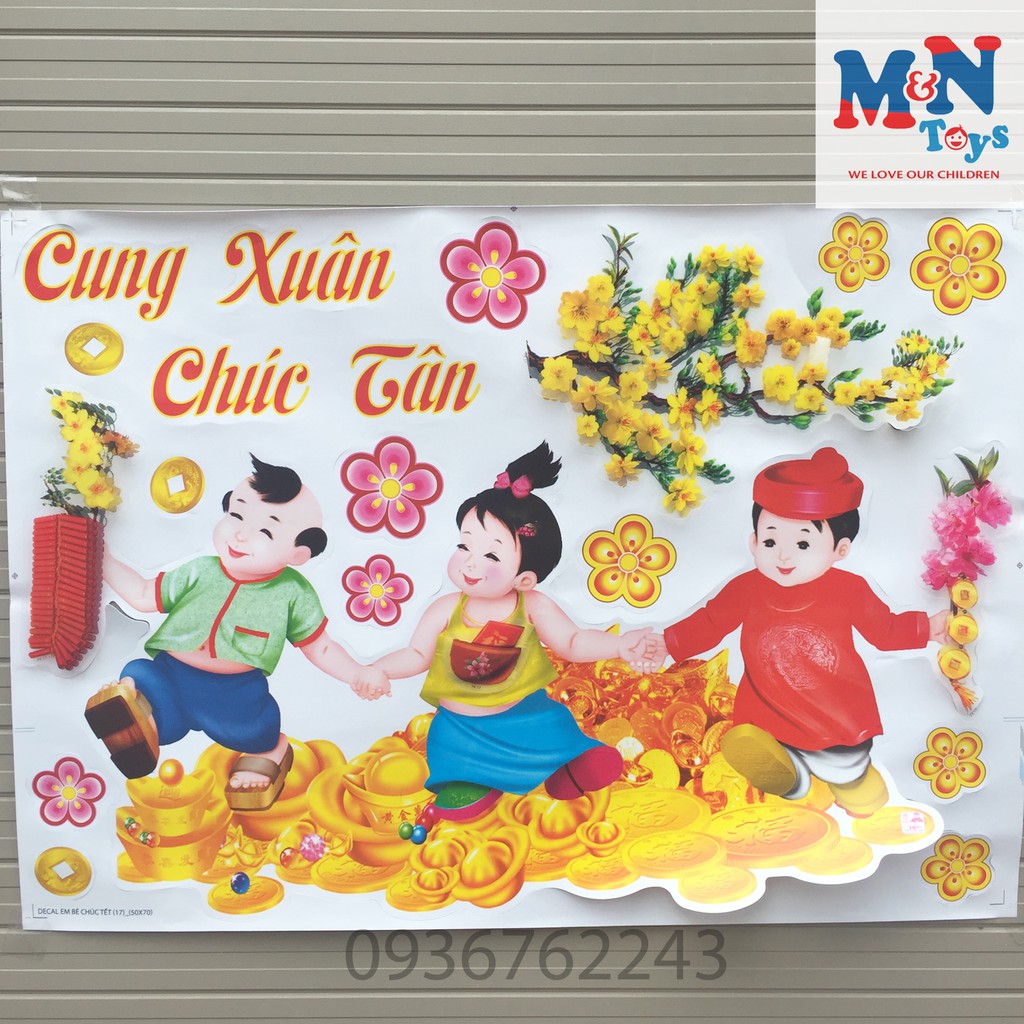 Decal 3d (sticker) dán kính Việt Nam trang trí Tết (mẫu Em bé chúc Tết)