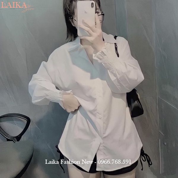 Áo sơ mi trắng nữ tay dài bo chun nhúm cổ bẻ form rộng vừa đi học làm công sở chất vải lụa mát kiểu áo sơ mi nữ tay dài