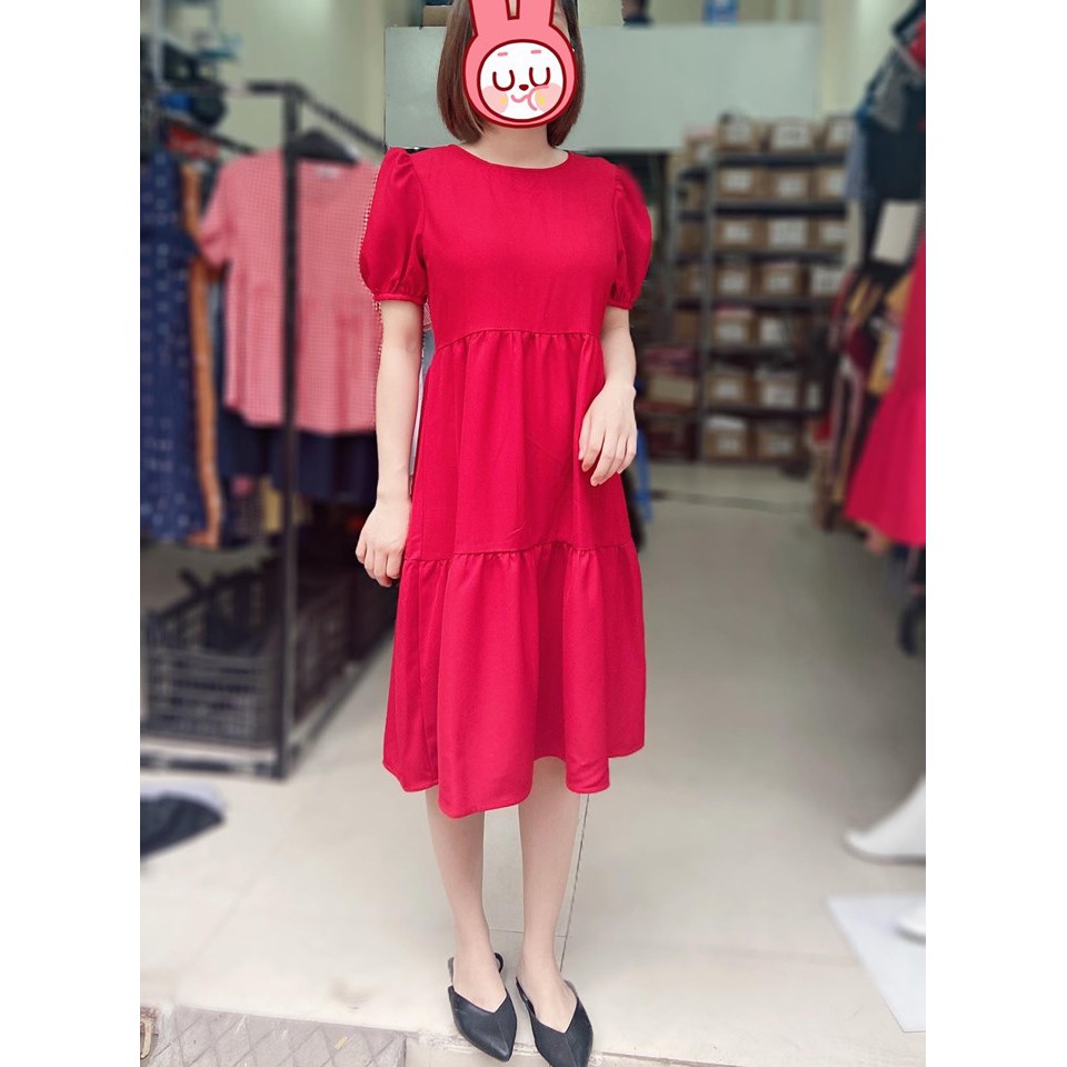 Váy bầu bigsize - Đầm bầu thiết kế GuMe 2 màu đỏ,đen dáng 3 Tầng Nơ Buộc Lưng chất vải sạn lụa size từ 40-100kg MB123