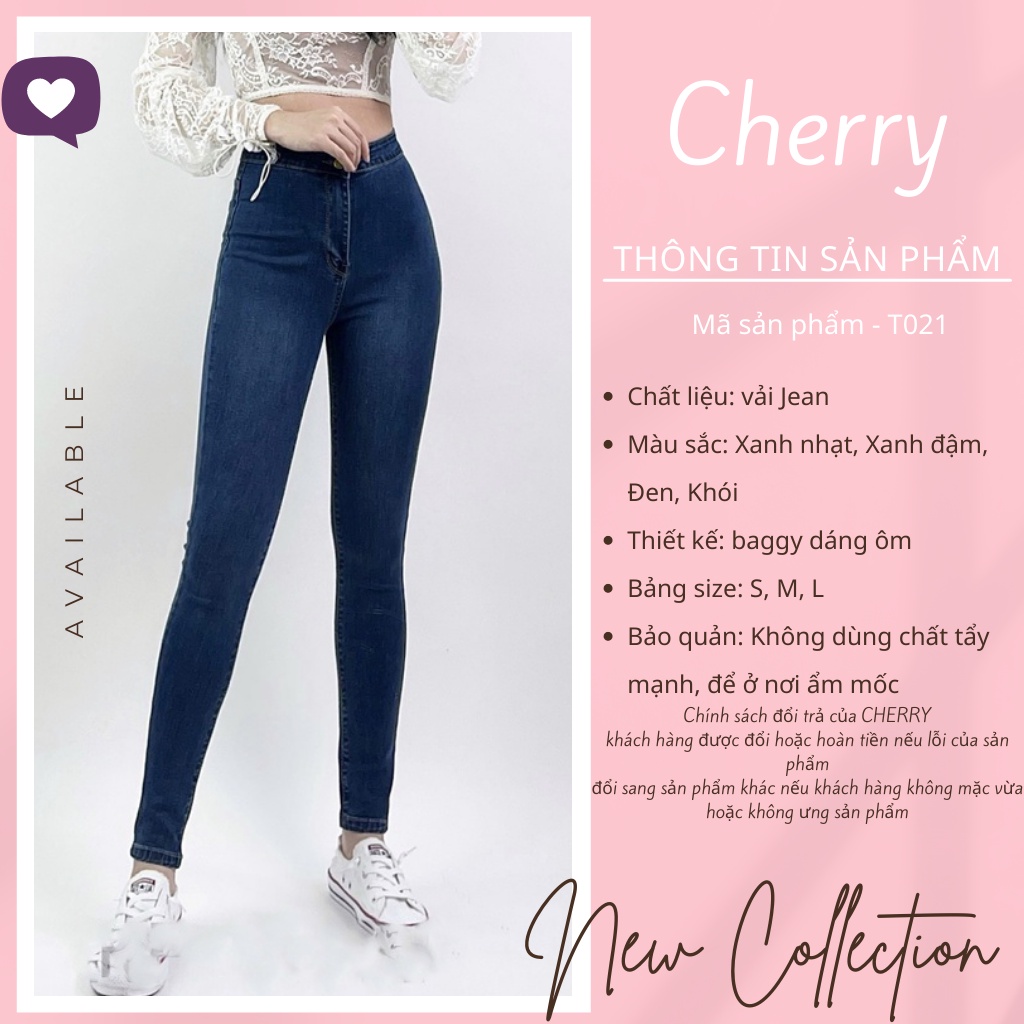 Quần bò nữ lưng cao co giãn không túi CHERRY, Quần jean cạp cao bigsize skinny jeans dáng ôm trơn dài T021