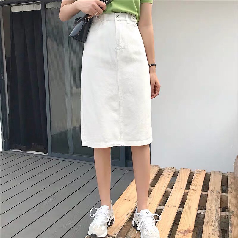 Chân váy kaki jean dài nữ qua gối lưng cao trắng đen ulzzang V02 | BigBuy360 - bigbuy360.vn