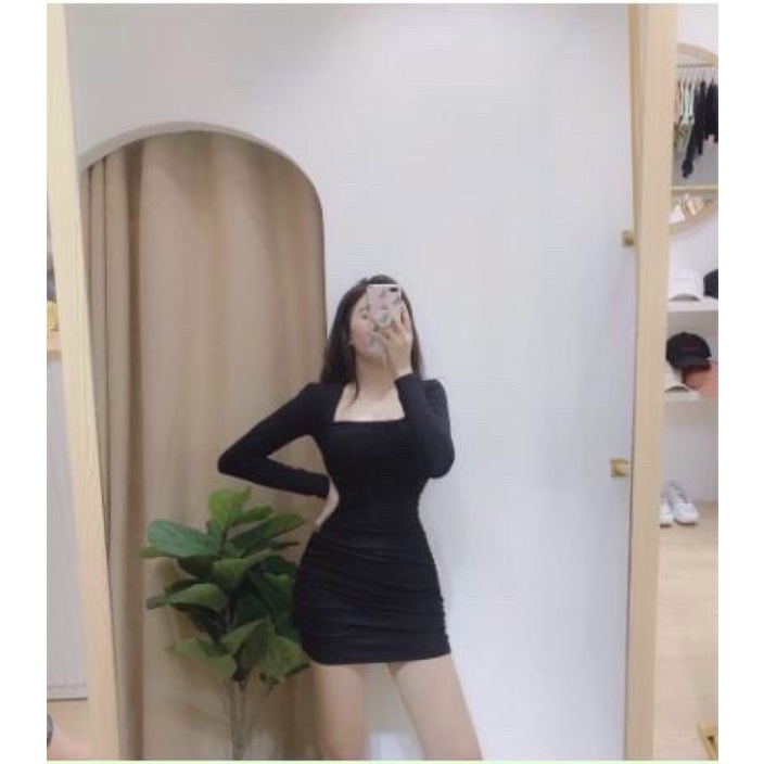 Đầm body nhún chens váy ôm cổ vuông sexy DT chất cotton đẹp