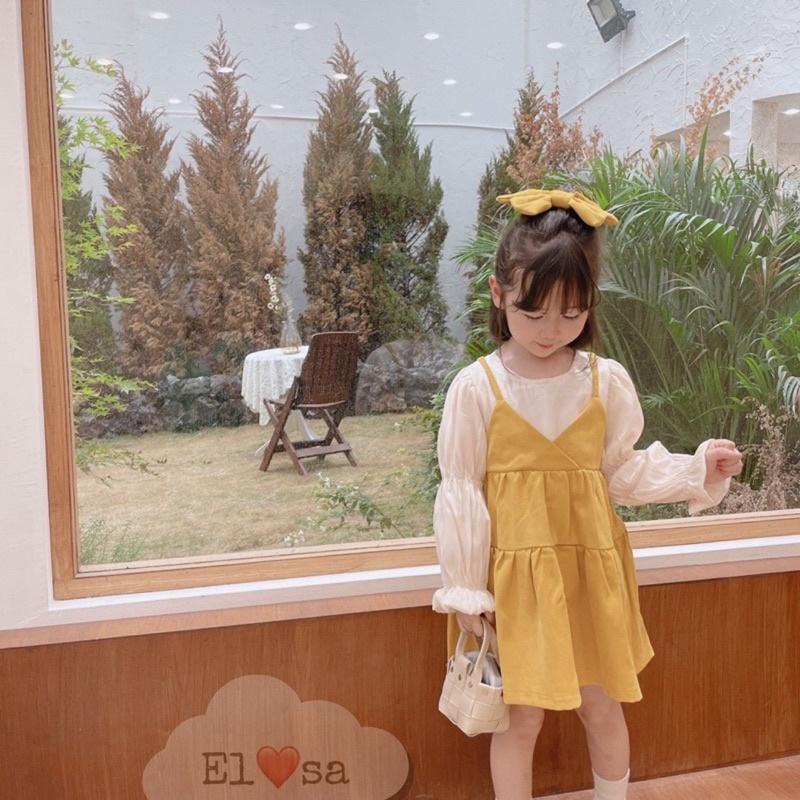 Váy Yếm Thắt Nơ Dài Tay Bồng Sang Chảnh Xinh Đẹp Cho Bé Gái 8-25kg