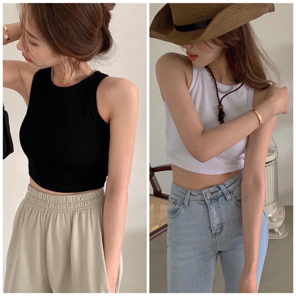 [Ảnh thật] Áo croptop ba lỗ khoét nách co dãn 2 màu