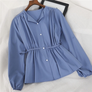 Áo Sơ Mi Nữ Cổ Chữ V Cột Eo Màu Trơn Phong Cách Hàn Quốc 2020