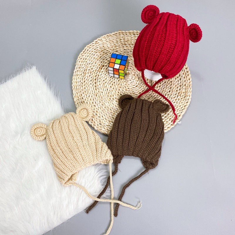 Mũ Len Tai Gấu Cho Bé Trai Bé Gái Có Dây Buộc 6-26 Tháng