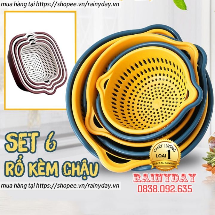 Set rổ kèm chậu 6 món bộ 3 rổ và chậu thau nhựa rửa rau củ đựng hoa quả trái cây 2 lớp hình tròn, vuông