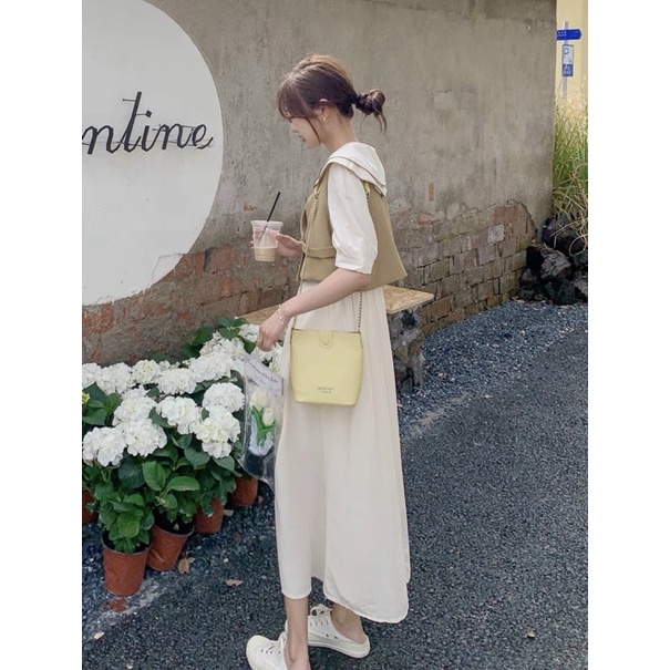 SET ĐẦM MIDI BBD CỔ SEN KÈM GILE NÂU