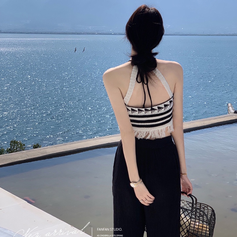 Áo Hai Dây Dệt Tay Phối Tua Rua Thời Trang Mùa Hè Quyến Rũ Cho Nữ