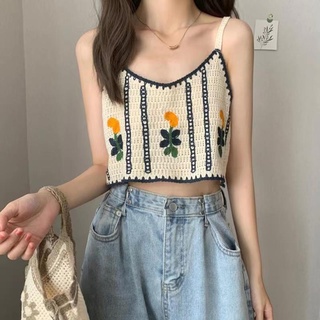 Áo croptop nữ không tay cổ V đan móc hoa thời trang vintage đồ bơi nữ áo tắm