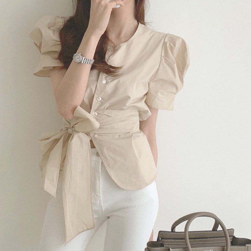 Áo Sơ Mi Nữ Cổ Tròn Ngắn Tay Thiết Kế Dây Đai Thắt Nơ Eo Tay Bồng Phong Cách Hàn Quốc Thời Trang Sugal SO MI NU 011