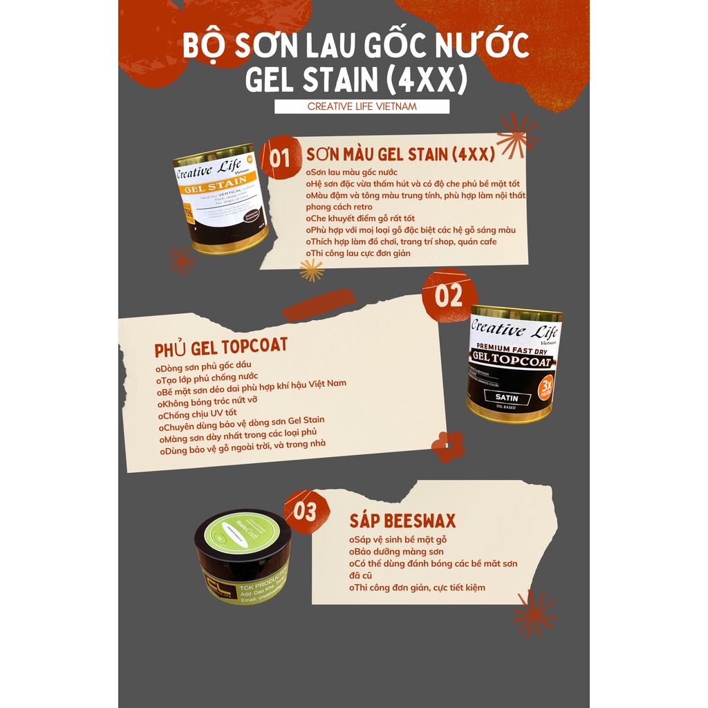 (SIÊU TIẾT KIỆM) Combo sơn nước lau gỗ gốc nước Gel Stain [Creative Life VietNam]