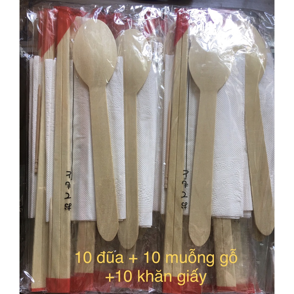 Set 10 bộ  (muỗng gỗ + đũa + giấy + tăm)