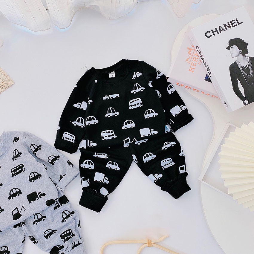 Bộ Quần Áo Dài Tay Thu Đông In Hình Xe Ô Tô Đen Ghi Vải Cotton Cho Bé Từ  8 - 21kg Mã DT 35