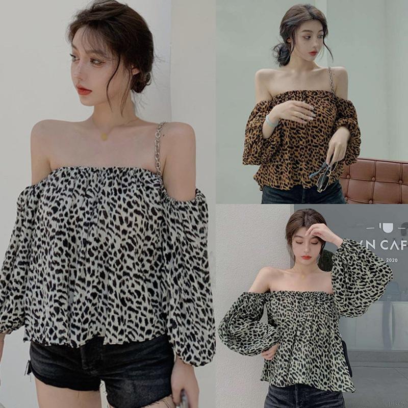 Áo kiểu chiffon trễ vai tay phồng họa tiết da báo quyến rũ thời trang cho nữ | BigBuy360 - bigbuy360.vn
