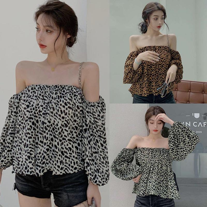 Áo kiểu chiffon trễ vai tay phồng họa tiết da báo quyến rũ thời trang cho nữ