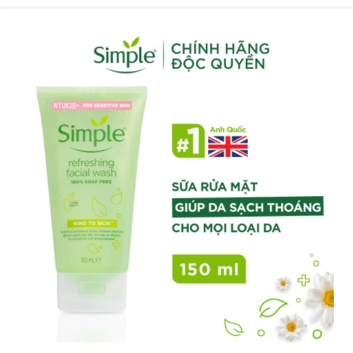 Sữa rửa mặt Simple giúp da sạch thoáng Refreshing Facial Wash Simple không chứa xà phòng 150ml - Hoa Ban Cosmetic