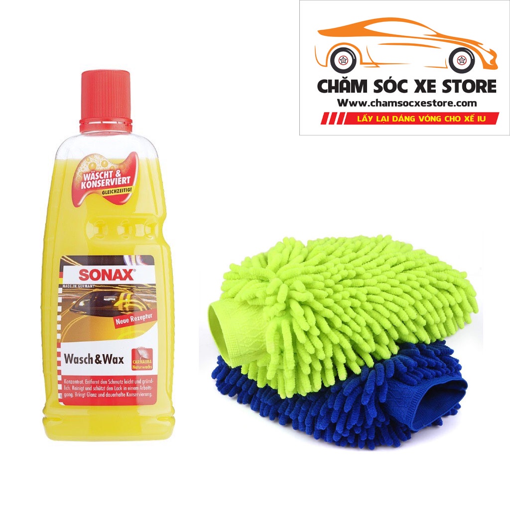 [Nhập AU12K giảm 12K đơn từ 99K]Nước Rửa Xe Sonax 2 in 1 Rửa &amp; Wax Bóng Sơn- Sonax Wash &amp; Wax 313341 Tặng Khăn, Bao Tay,