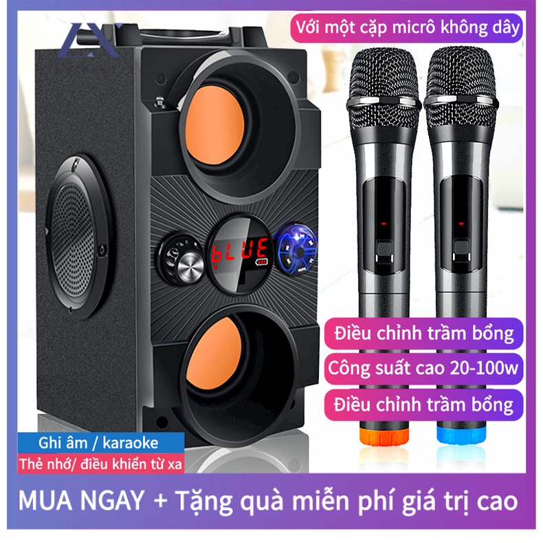 Loa Karaoke Bluetooth [2 Micro Không Dây] Di Động Loa âm Lượng Cực Đại 100W, Pin 2500 mA, Phát Liên Tục Trong 8 Giờ