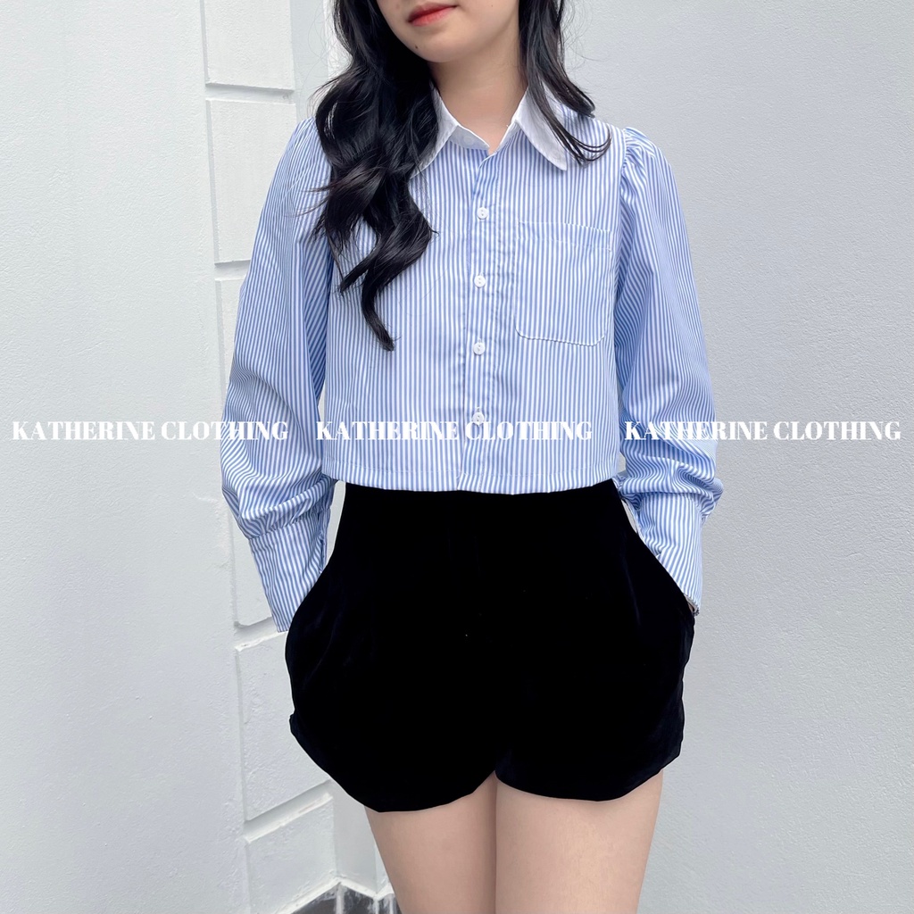 Áo sơ mi nữ kẻ xanh phối cổ trắng, áo sơ mi croptop dáng lửng phong cách trẻ trung, Hàn Quốc - Katherine Clothing