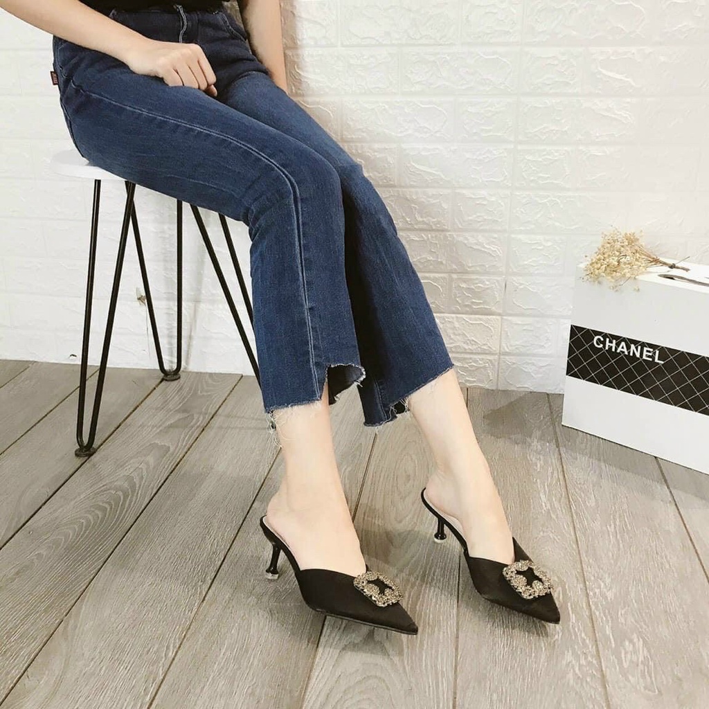 Giày sục nỉ nhung nơ đá tròn và đá vuông - 6P