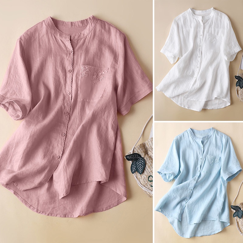 Zanzea Áo Thun Nữ Ngắn Tay Cổ Tròn Cài Nút Đơn Giản Thời Trang