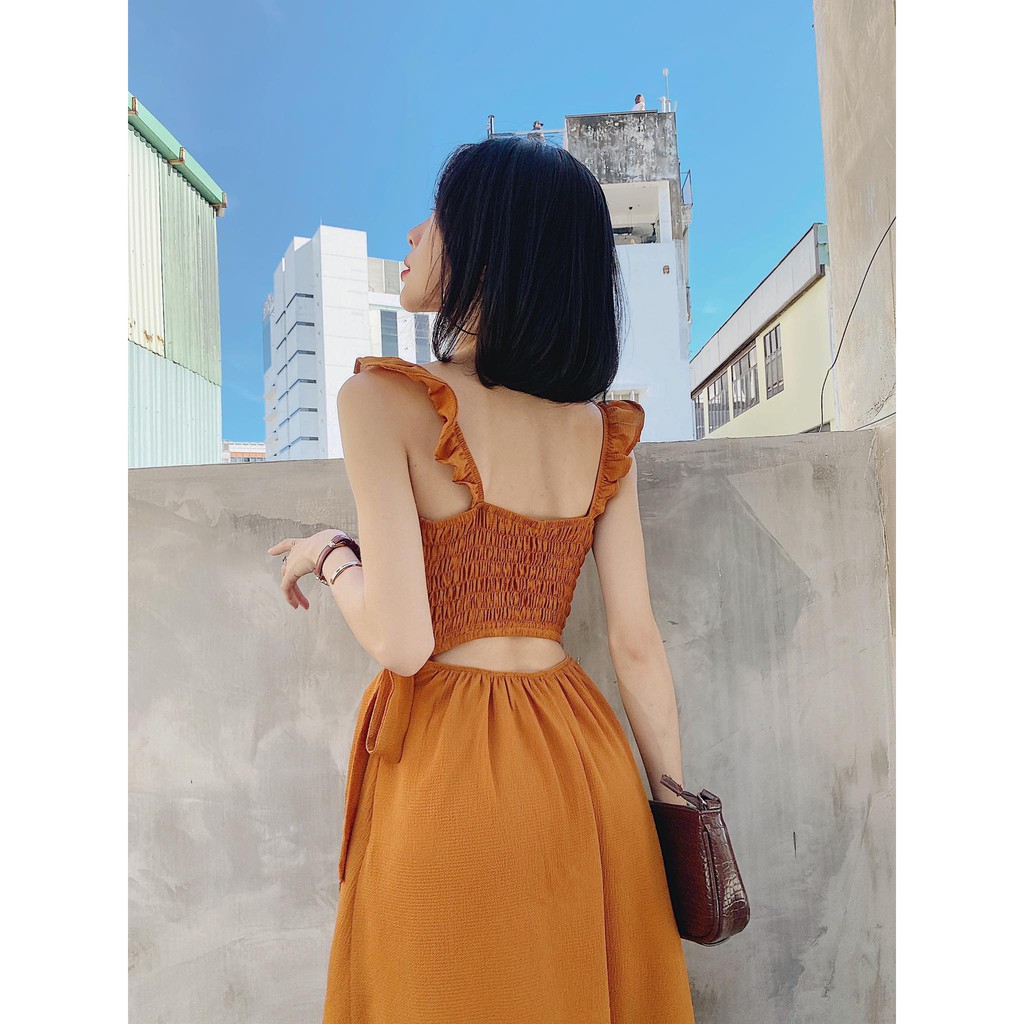 Đầm Midi Dáng Dài 2 Dây Bèo Cổ Vuông Xẻ Tà Thắt Nơ Eo Hở Lưng Nhún Sau Mati House