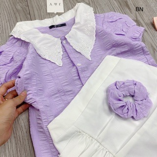 set 3 món áo tím cổ ren + cv và buộc tóc