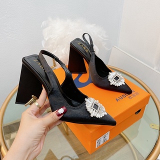 Xăng đan zara gót trụ đá trắng cao 9cm