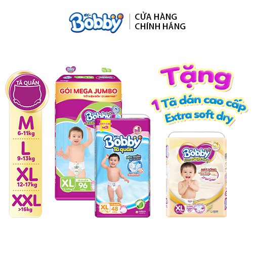 [Tặng 1 tã dán cao cấp Extra Soft Dry XL27] Combo Tã quần Bobby bịch Mega Jumbo + Super Jumbo đủ size M186/L174/XL144/XX