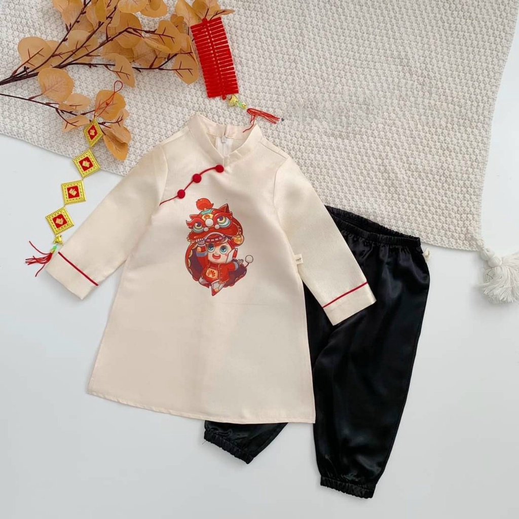 Áo dài cách tân bé trai thêu hình Lân sư chất liệu tafta cao cấp - L04