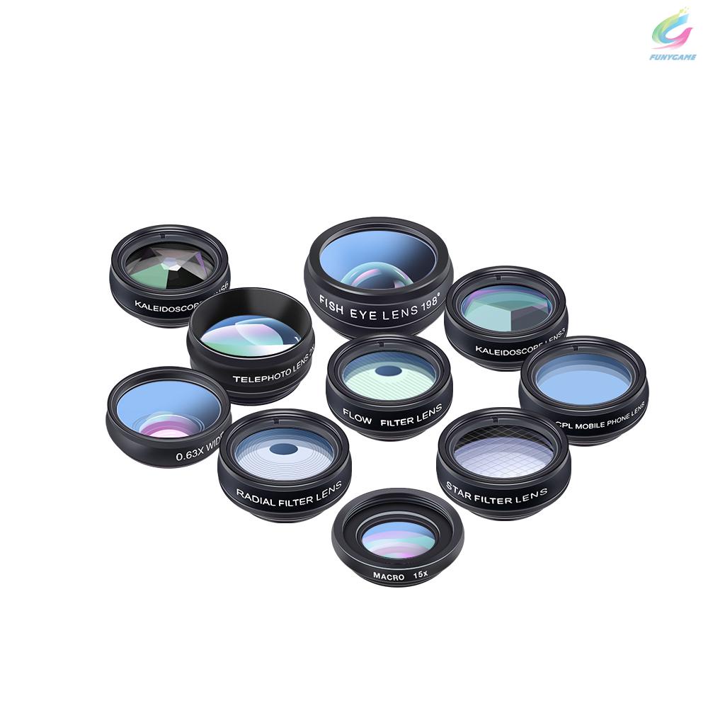 Mới Bộ Ống Kính Máy Ảnh Apexel 10 Trong 1 Góc Rộng 0.63x Wide Angle + 15x Macro + 198 + 2 Ống Kính Phóng To 6 + Cpl + Bộ Lọc Cho Điện Thoại Iphone