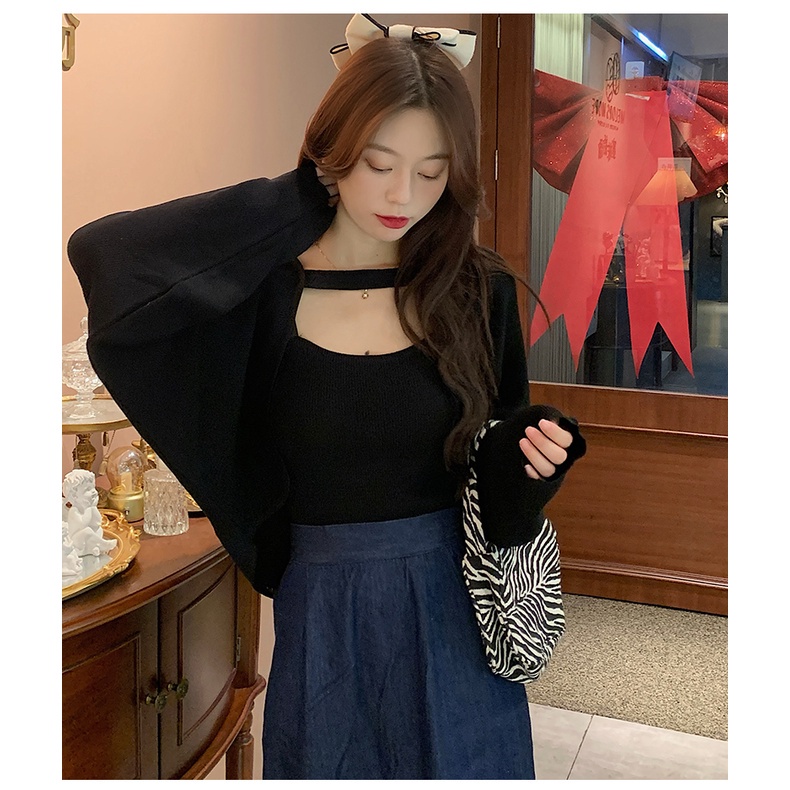 Set Áo Hai Dây + Áo Khoác Cardigan Dệt Kim Tay Dài Dáng Rộng Phong Cách Thời Trang Hàn Quốc