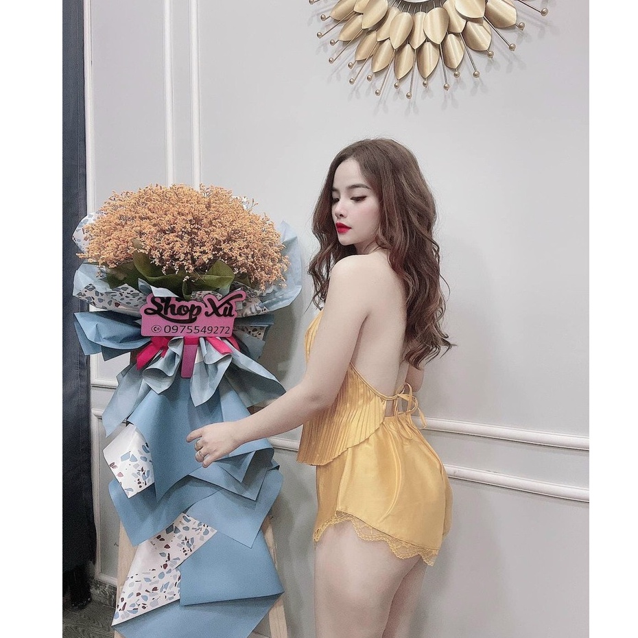 Đồ ngủ sexy / Yếm dập ly, chất liệu satin cao cấp, mềm mịn, khác hẳn phi bóng, freesize dưới 65kg, kèm quần ren gợi cảm | BigBuy360 - bigbuy360.vn