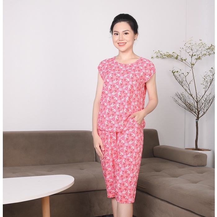 Bộ mặc nhà nữ mùa hè Việt Thắng quần lửng, áo cộc tay, chất lanh - B06.2226