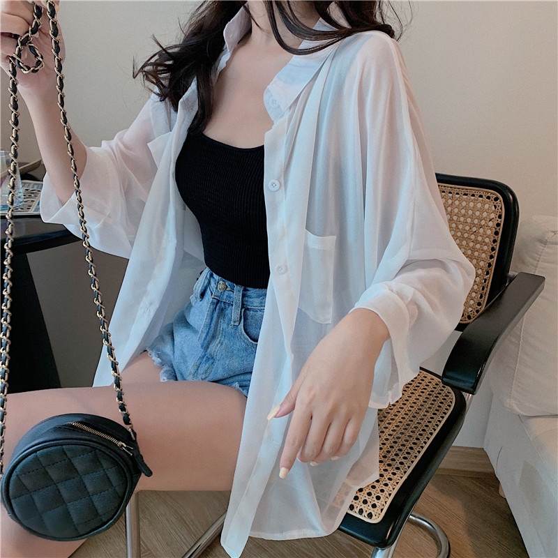 Áo Sơ Mi Chiffon Dài Tay Chống Nắng Dáng Rộng Phong Cách Hàn Quốc Mới Cho Nữ