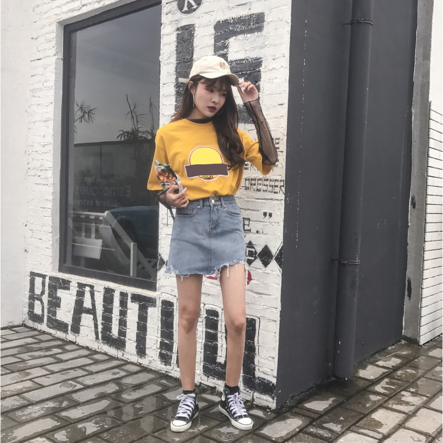 chân váy ulzzang chân váy nữ đẹp chân váy jean bò jeans rách chữ A kiểu dáng hàn quốc