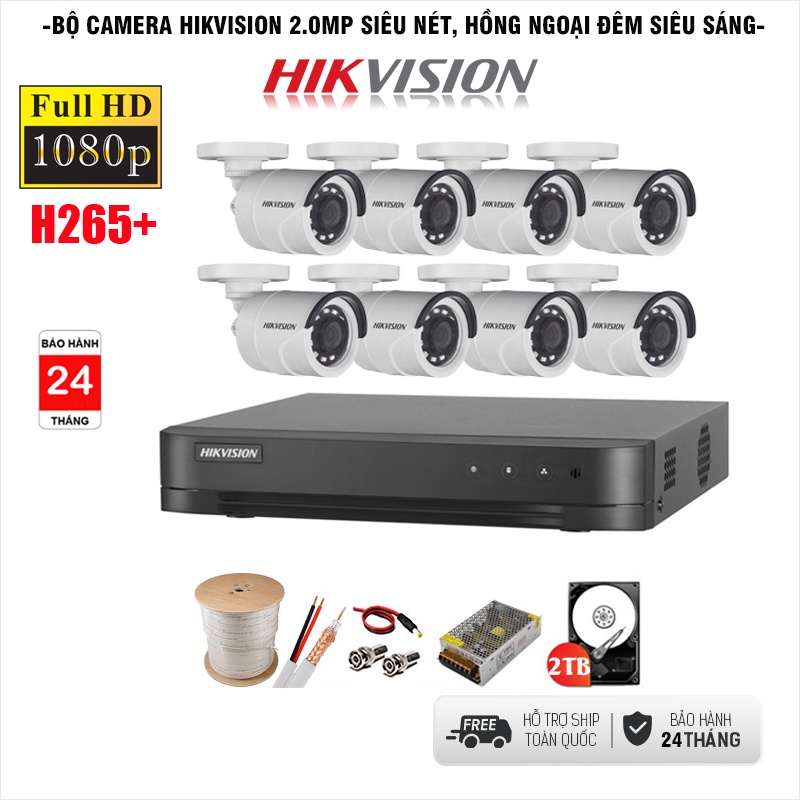 Bộ Camera giám sát HIKVISION 2.0MP-FHD 1080P Chính hãng (5/6/7/8 Camera)-Kèm HDD + Đầy đủ Phụ kiện lắp đặt - Bh 24 tháng