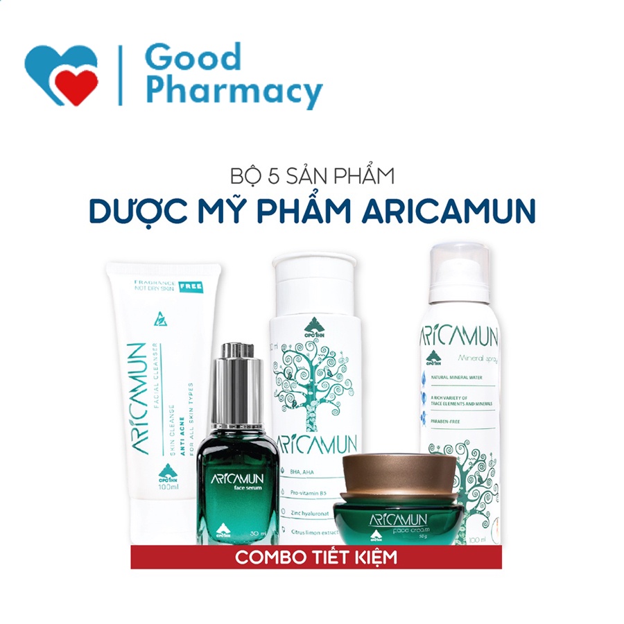 Combo 5 món mỹ phẩm Aricamun (Sữa rửa mặt, toner, serum, kem dưỡng, xịt khoáng) - Chăm sóc, làm đẹp da toàn diện [set]