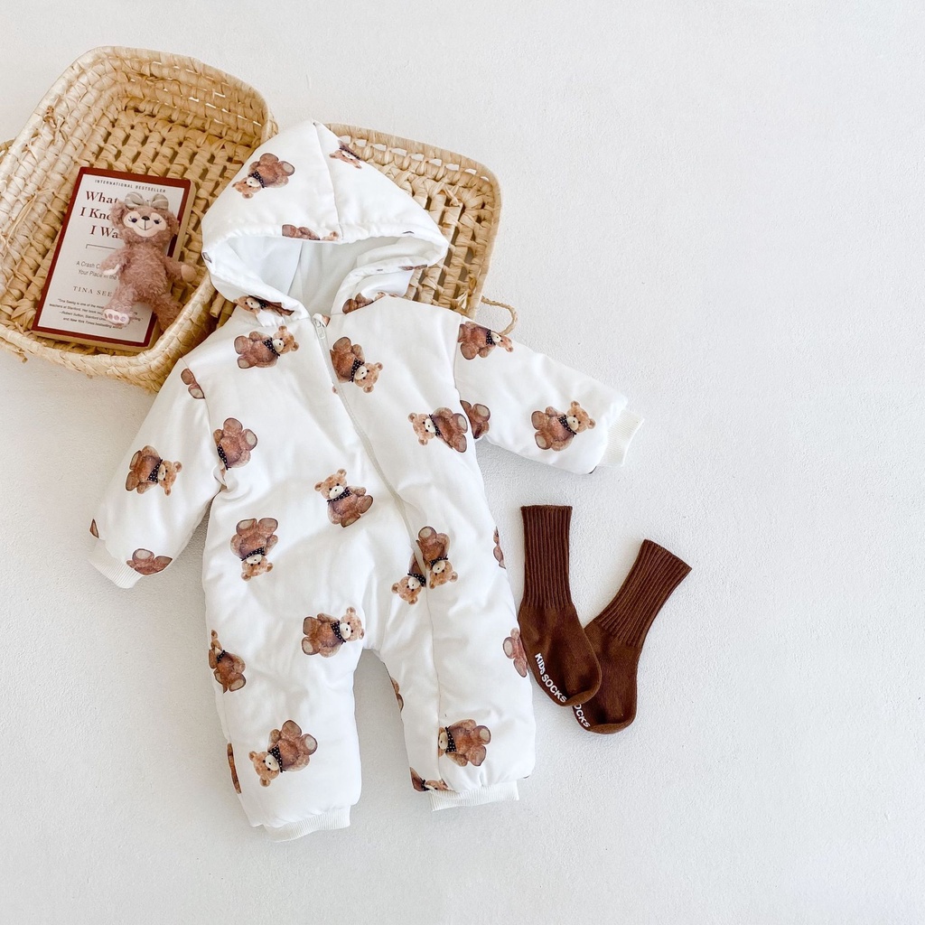 Áo liền quần cotton dày dặn in hình gấu đáng yêu thời trang mùa đông cho bé s4L2 2021