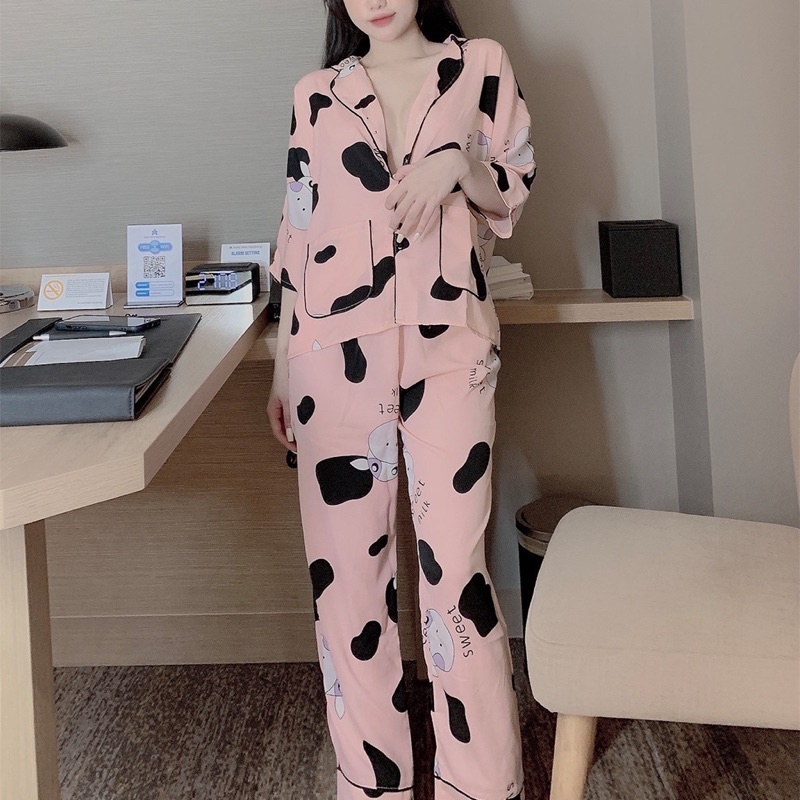 Đồ bộ pijama, bộ lụa măc nhà satin cao cấp cánh dơi hoạ tiết dễ thương