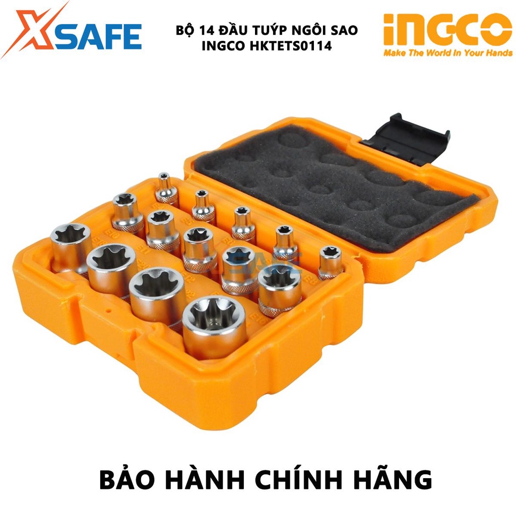 Bộ 14 đầu tuýp E INGCO HKTETS0114 thép CR-V gồm 5 đầu 1/4 inch, 5 đầu 3/8 inch, 4 đầu 1/2 inch được xử lý nhiệt mạ crom