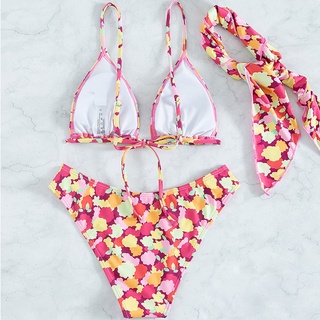 [BKN2045] <ÂU> SET BIKINI 3 MÓN HOA MÀU KÈM KHĂN
