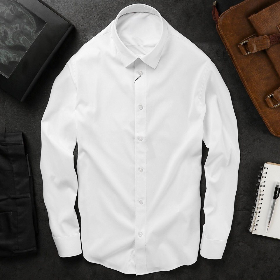 Áo Sơ Mi Trắng Nam Kiểu Dáng Cổ Bẻ Trẻ Trung Chất Vải Lụa Mịn Chống Nhăn Phong Cách