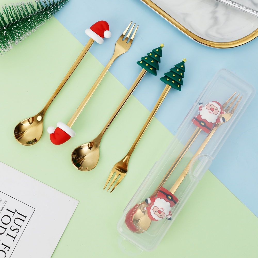 Bộ 2 Muỗng Nĩa Hình Ông Già Noel 3D Bằng Thép Không Gỉ Trang Trí Giáng Sinh Năm Mới