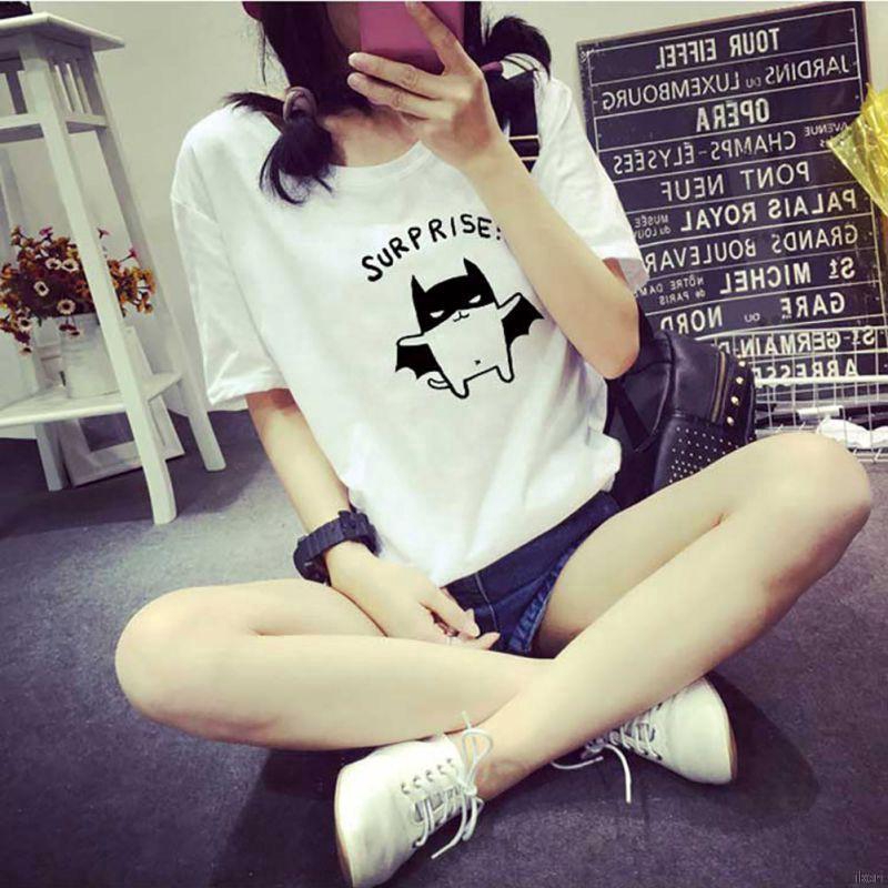 Áo thun ngắn tay cổ tròn trơn màu in họa tiết kiểu hoạt hình dành cho nữ