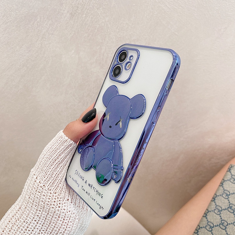 Ốp điện thoại hình gấu 3D mạ vàng hồng/xanh/tím cho iPhone 13 ProMax 12 ProMax 11 X Xr XsMax 8 7Plus