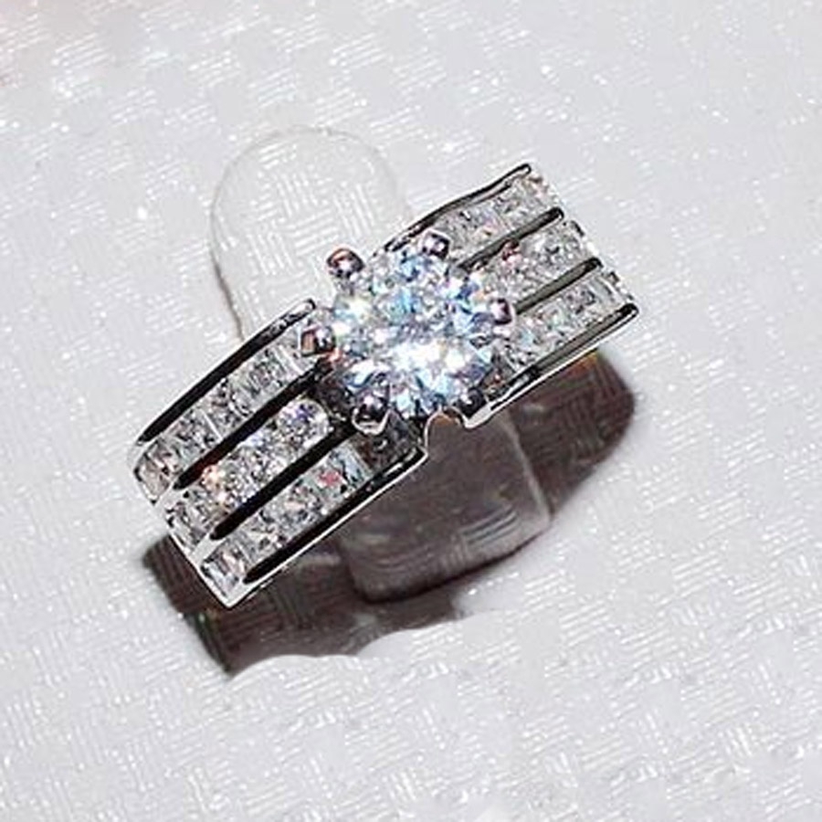 Nhẫn mạ bạc 925 thiết kế nhiều lớp đính đá sapphire màu trắng thời trang sang trọng cho nữ