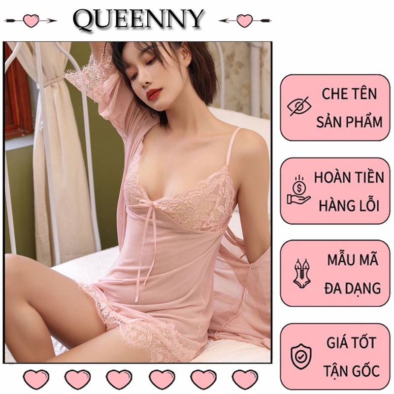 Váy Ngủ Sexy Ren Gợi Cảm Queeny Đồ Ngủ Sexy Xuyên Thấu Gồm Áo Choàng Váy 2 Dây Kèm Quần Chip KL01